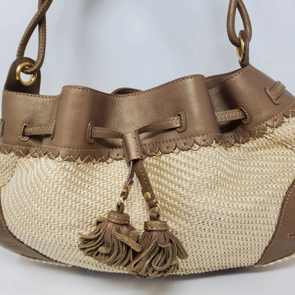 Cole Haan Saram Straw Braided Tote Bag with Tassels Shoulder Purse Boho Chic